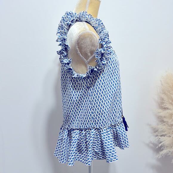 FIGUE Fabiana Ruffle Tassel Print Blouse Size S in Blue - Picture 3 of 10